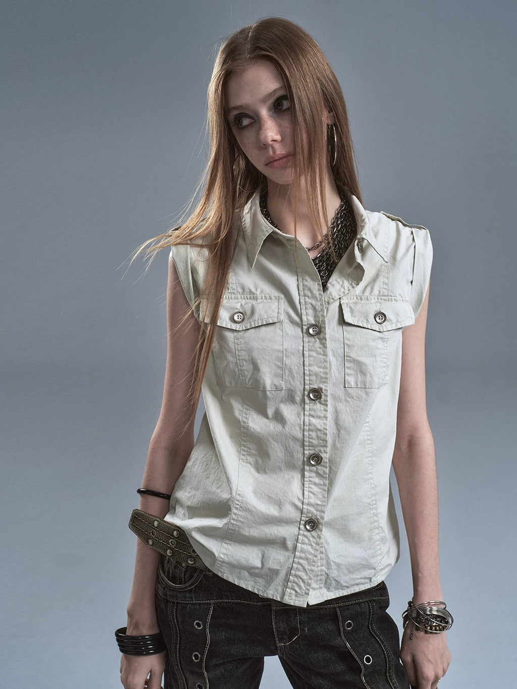 WearAndtear Rivet Metal Button Sleeveless Shirt