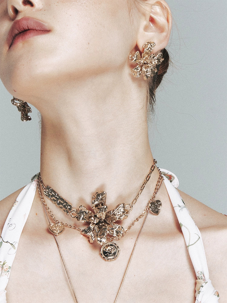 1JINN Retro Metal Three-dimensional Flower Double-layer Clavicle Chain