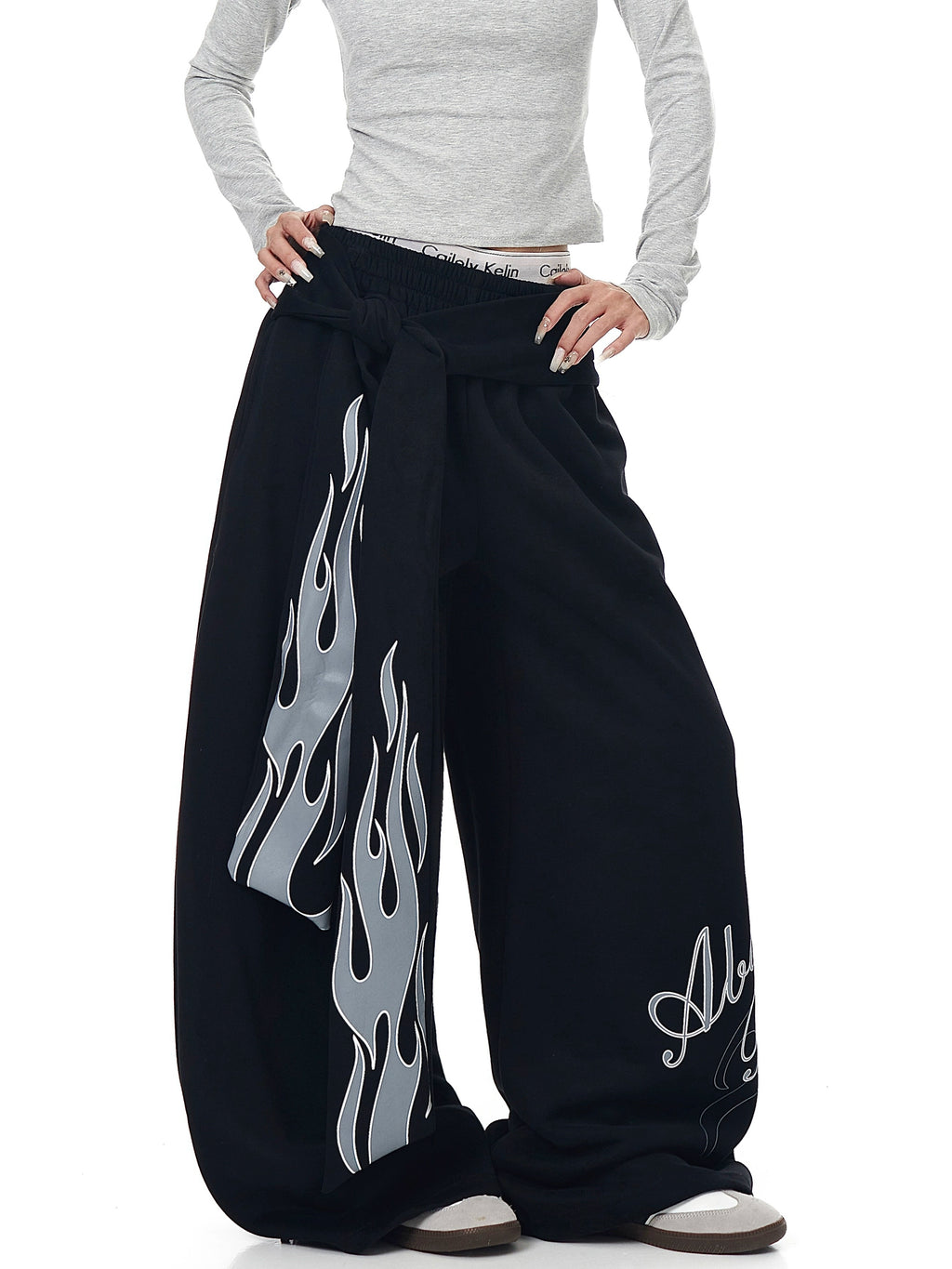 BLACKLISTS Flame Letter Print Strap Scimitar Sweatpants