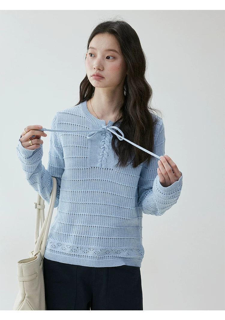 VOOE Strap-on Crew Neck Hollow Pullover Sweater