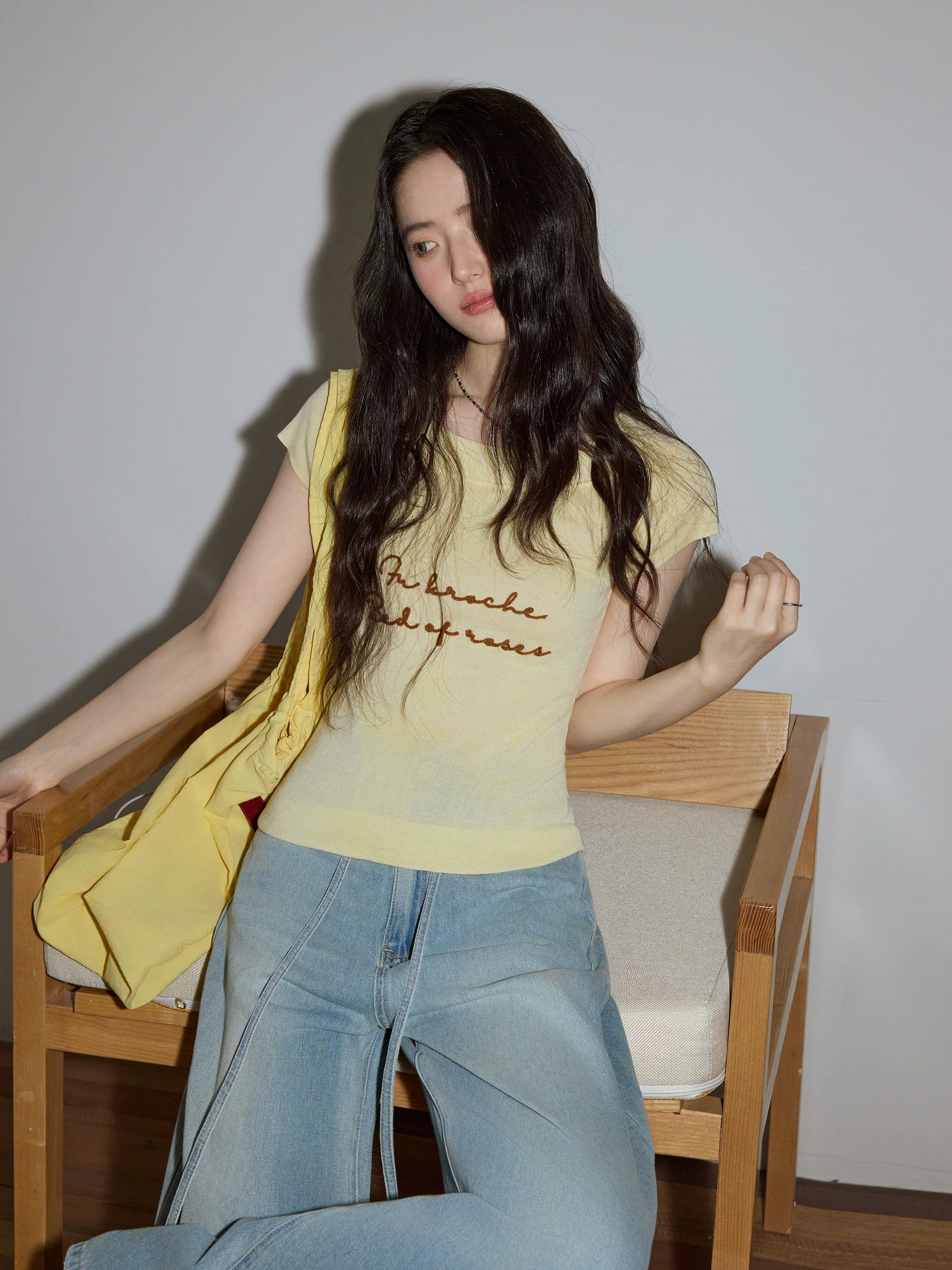 XUJING Crew Neck Embroidery Knitted Slim Tee