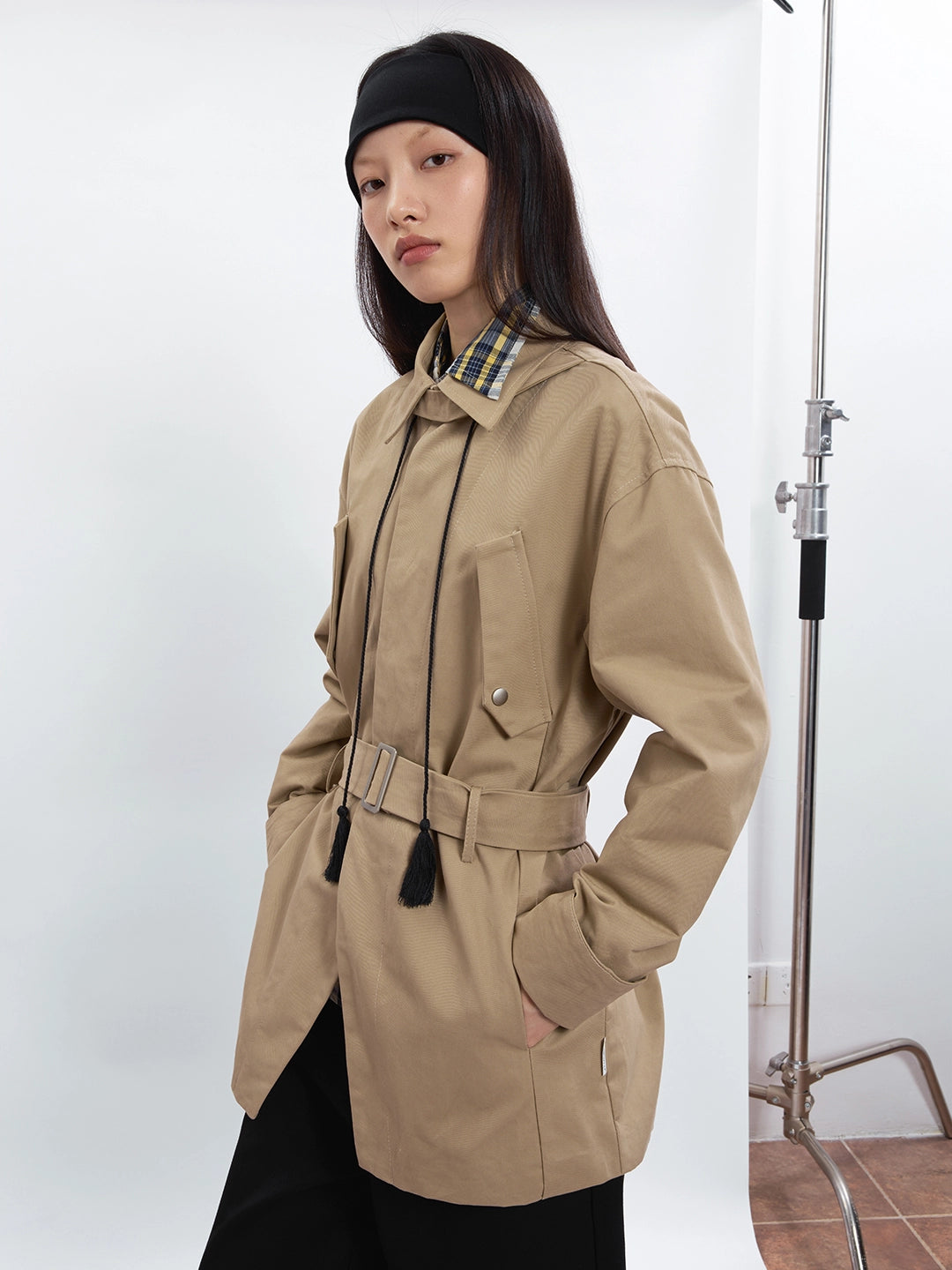 FUNKYFUN Medium and Long Khaki Lapel Jacket
