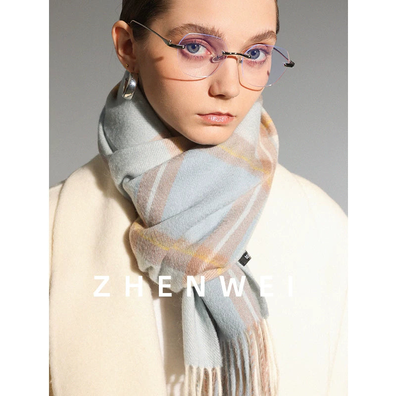 ZHENWEI 100% Wool Plaid Scarf