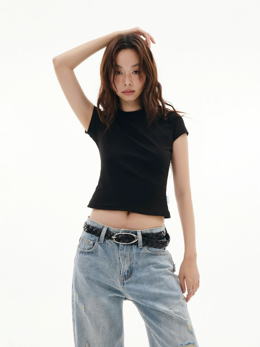 FUNKYFUN Embroidery Front Shoulder Waist Tee