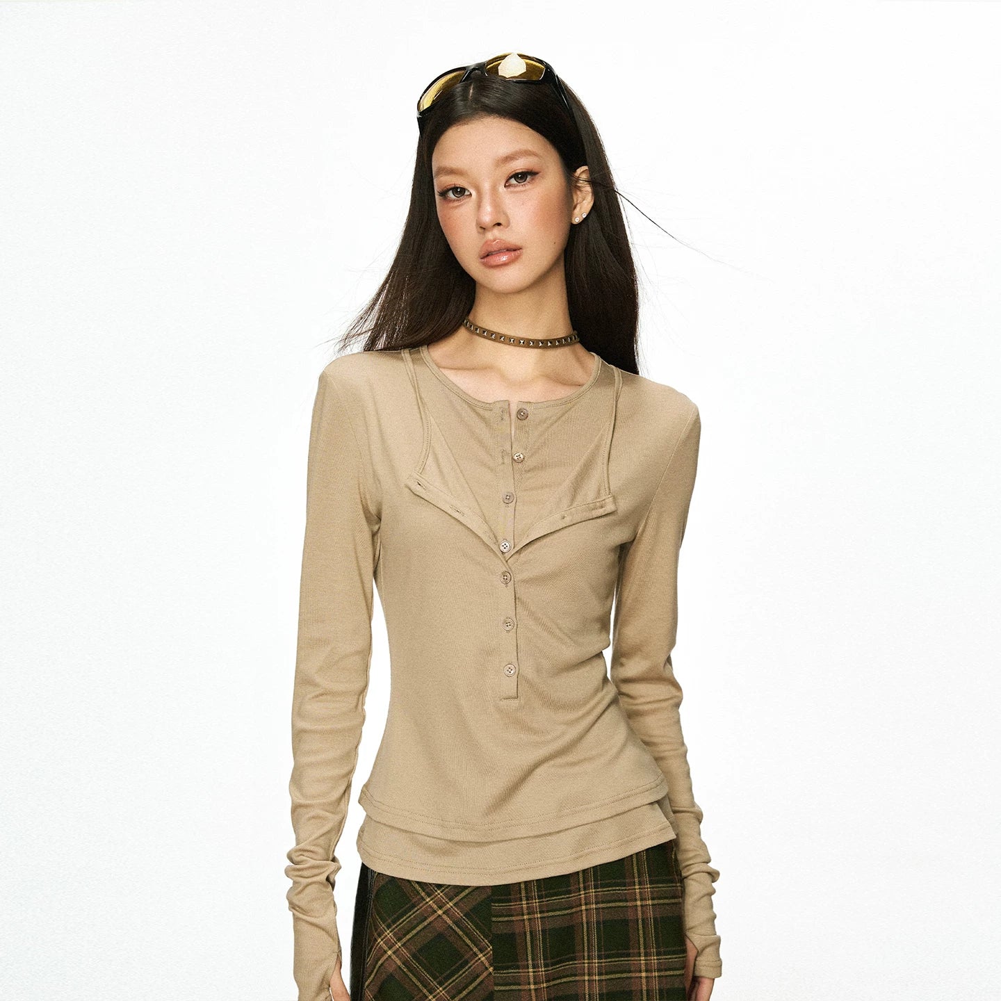 Cherry Melody Henry Shirt Collar Fake Two Long Sleeves