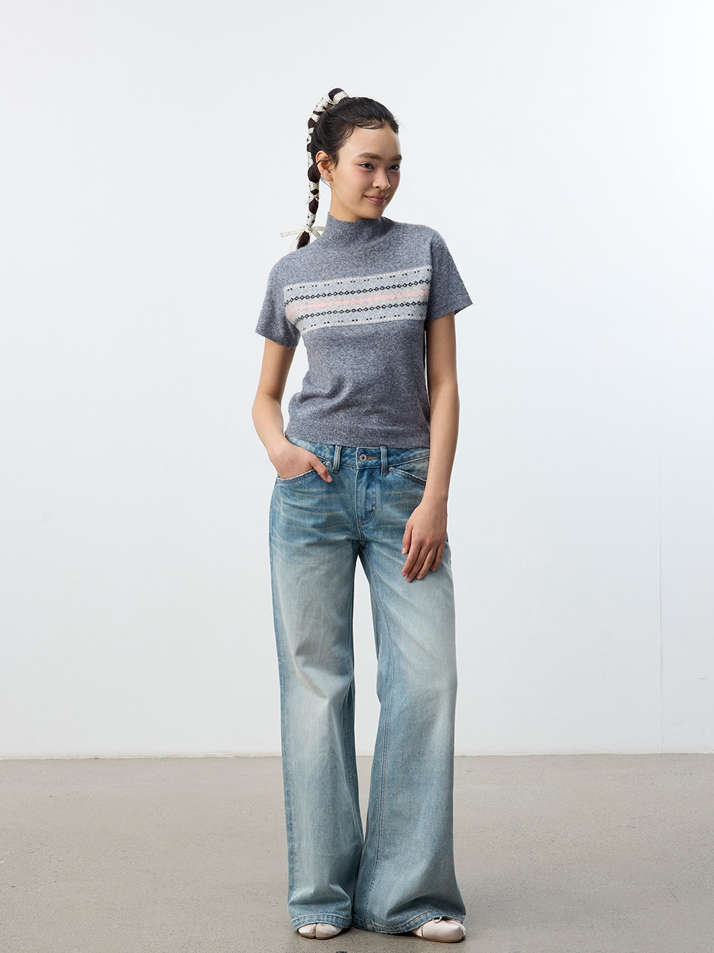 Set for life Lazy Sur fleece jacquard semi-turtleneck knitted short sleeves