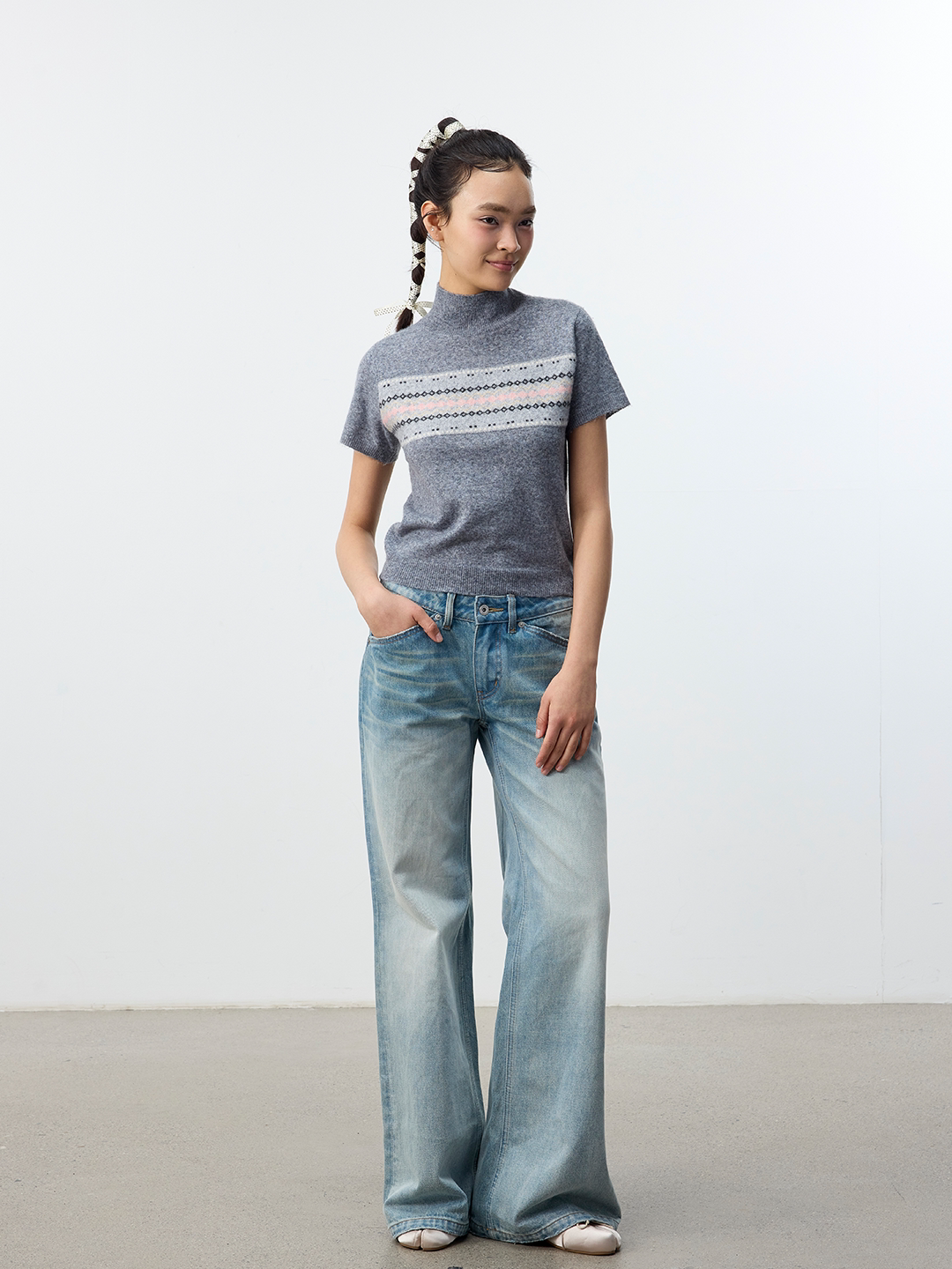 Set for life Lazy Sur fleece jacquard semi-turtleneck knitted short sleeves