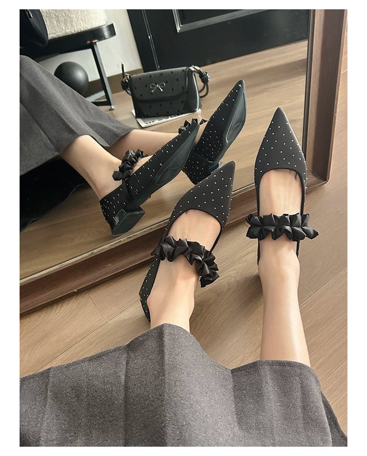 CHRNDXEE Bow One-button Versatile Pointed Shallow Mouth Single Shoes