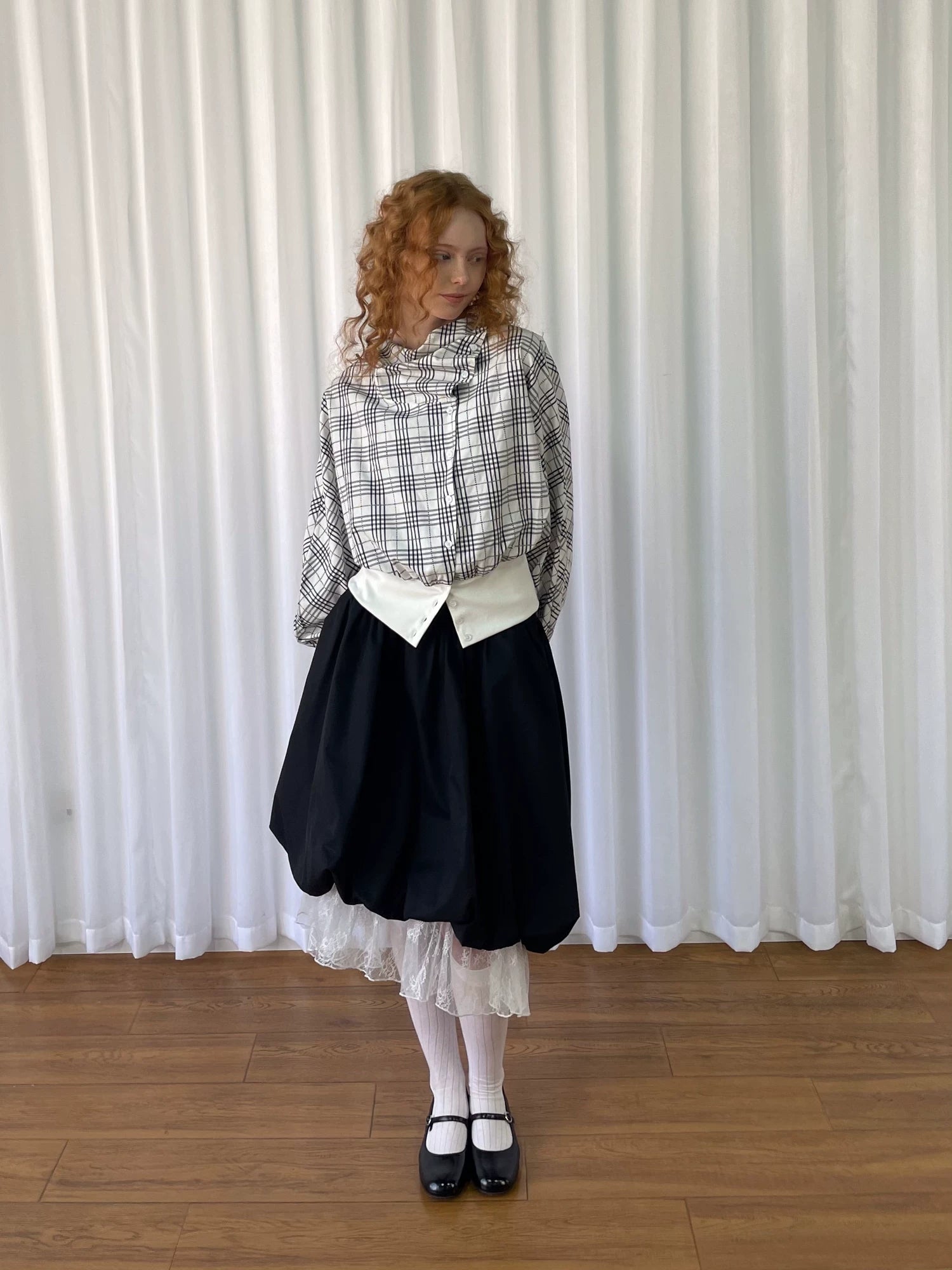 Loosesmell Plaid Pleated Collar Long-sleeved Shirt Jacket