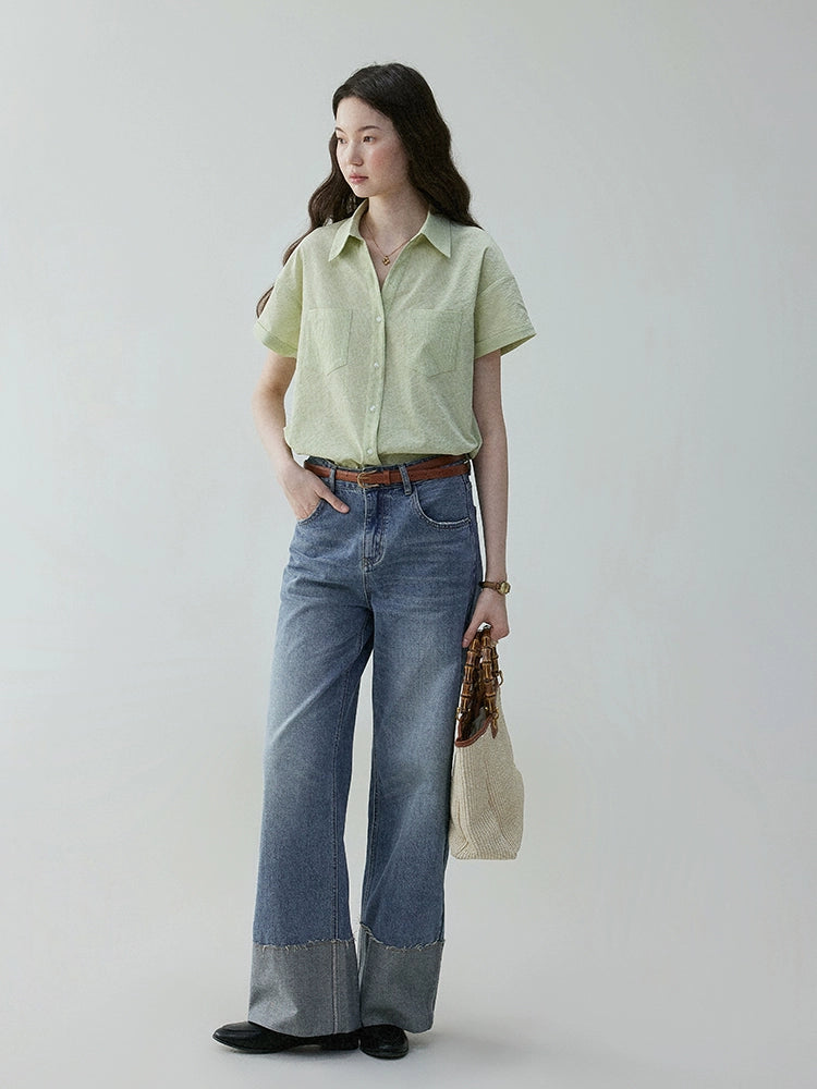 VOOE Korean Loose Fold-Over Curled Wide-Leg Jeans