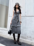JNYLON Vintage Pleated Versatile Knit Camisole Midi Skirt Set