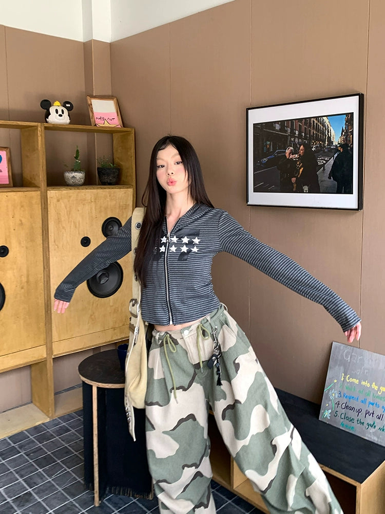 EAHO Vintage Striped Star Zip Hooded Cardigan