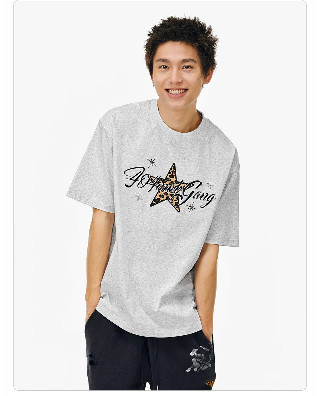 404MOB Leopard Print Star Hot Diamond Embroidery Tee