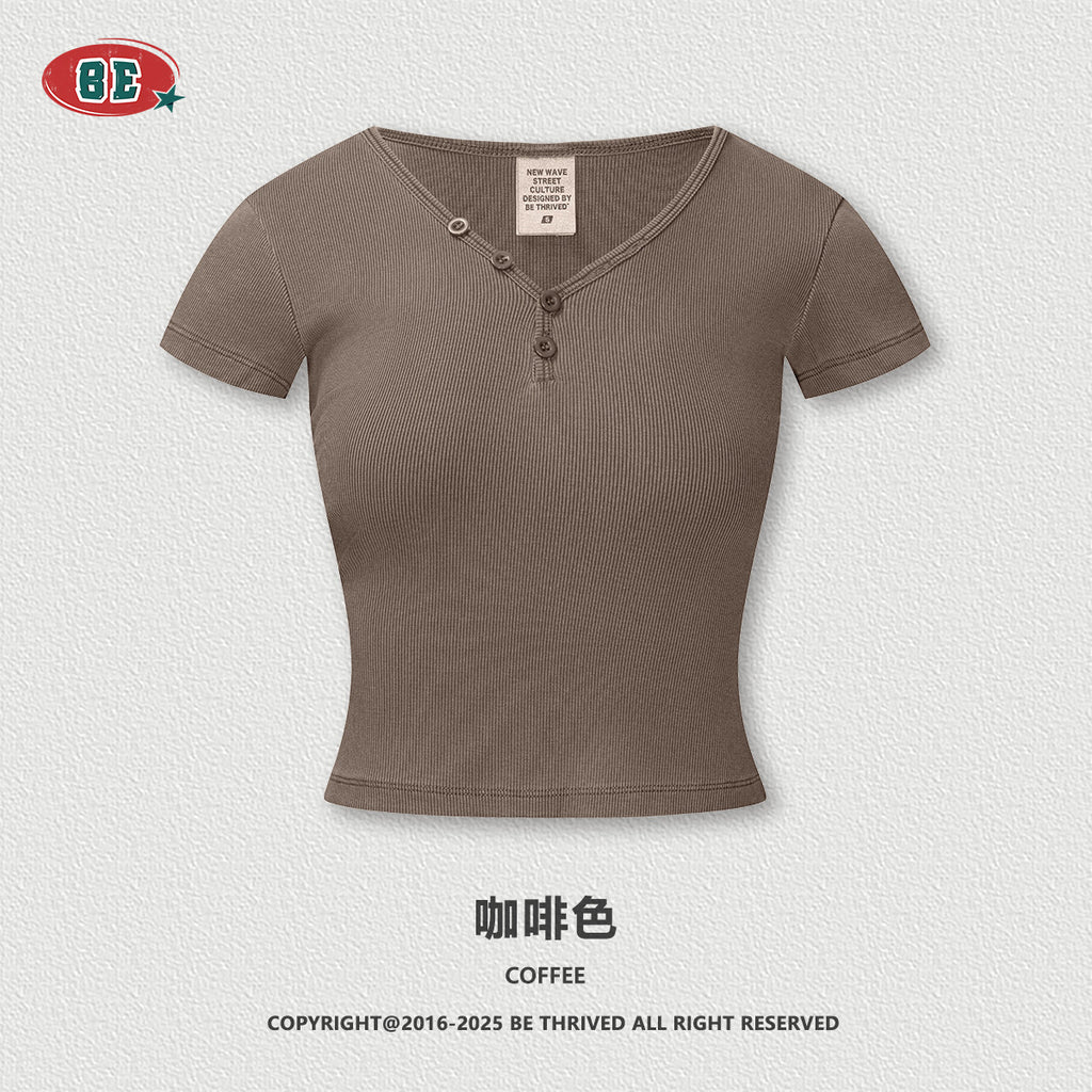 BE Women's slim fit top button v-neck tee