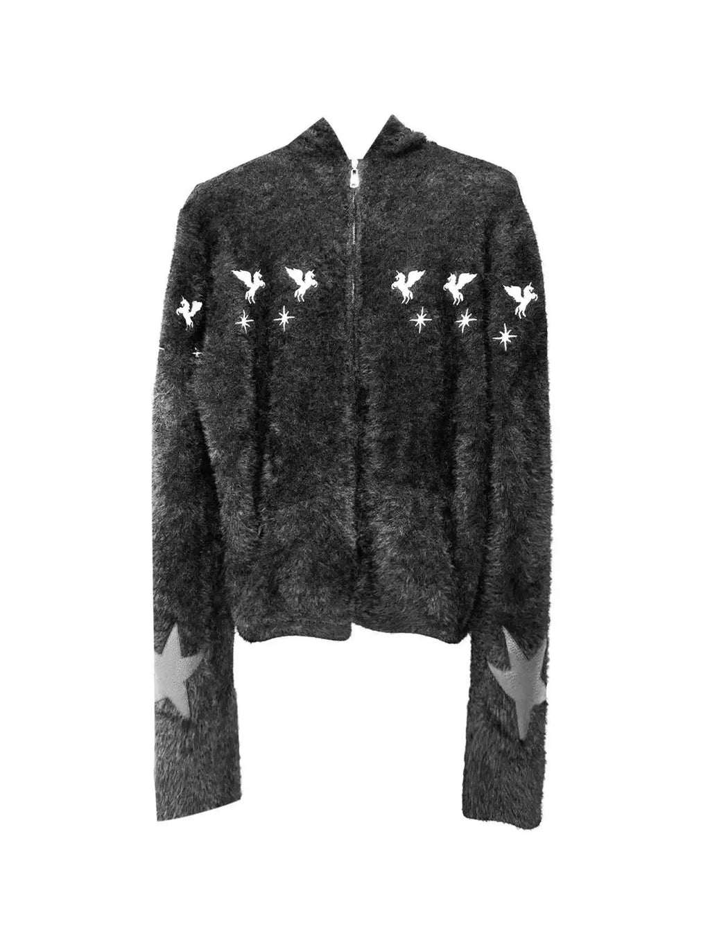 DETW Shoulder-down Zip Mohair Hooded Embroidered Jacket