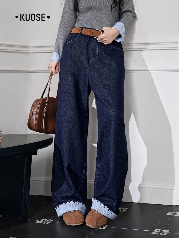 Kuose Striped Lace Casual Straight Jeans