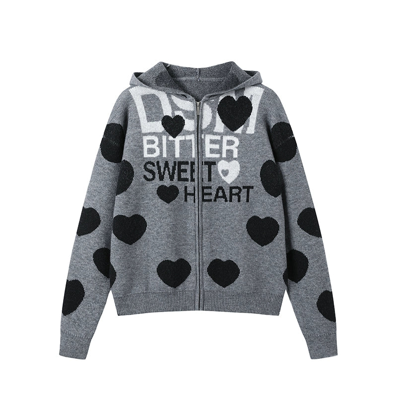DONSMOKE Love Print Soft Waxy Lazy Contrasting Color Knitted Zipper Jacket