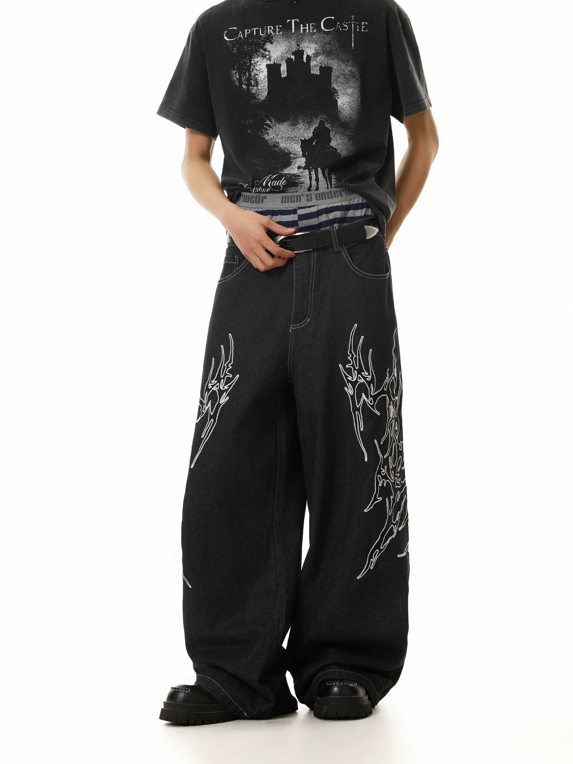 BTSG Totem-embroidered Wide-leg Jeans