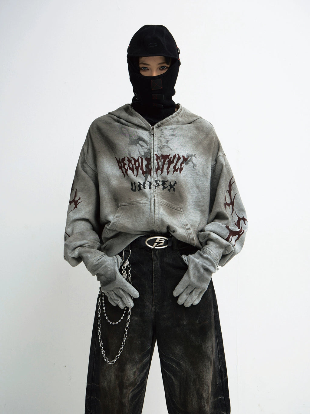 PEOPLESTYLE Dirty Dye Mask Removable Gloves Hooded Sweater