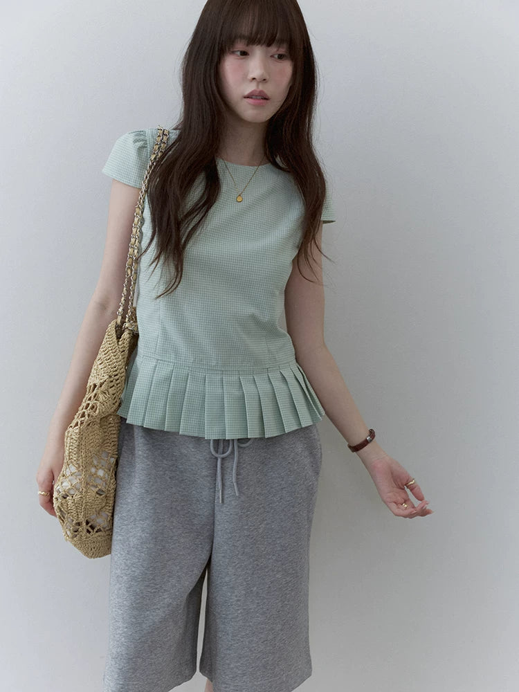 VOOE Contrast Checked Pleated Crew Neck Shirt