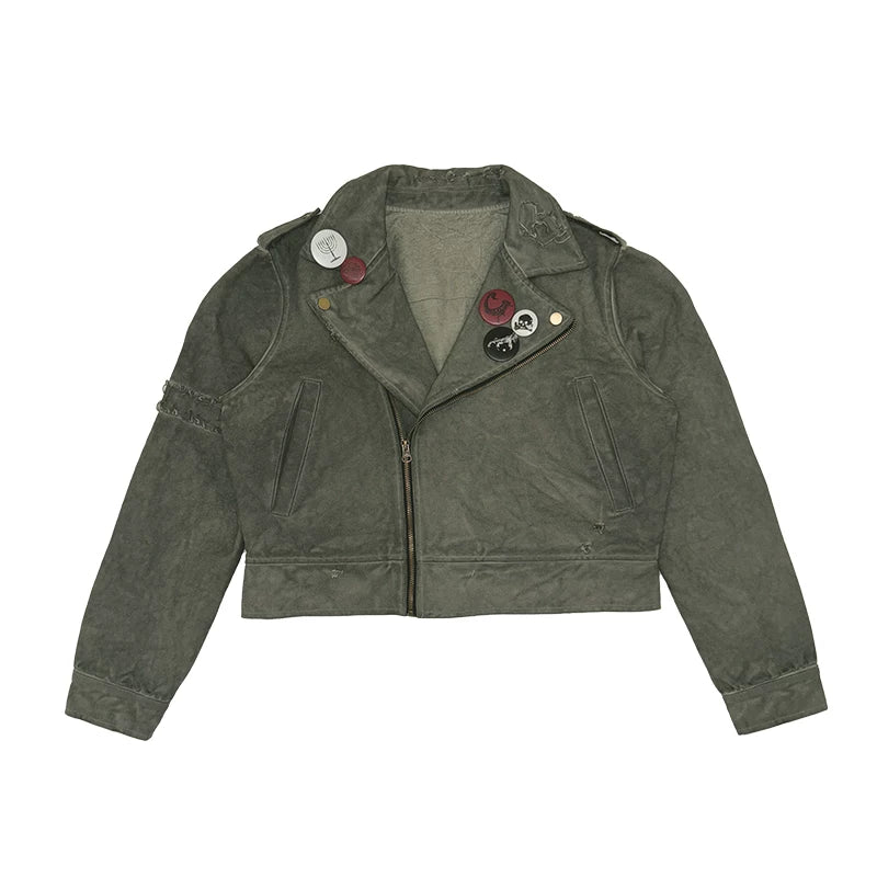 NoEmosen Badge Locomotive Collar Washed Cut Slim Jacket