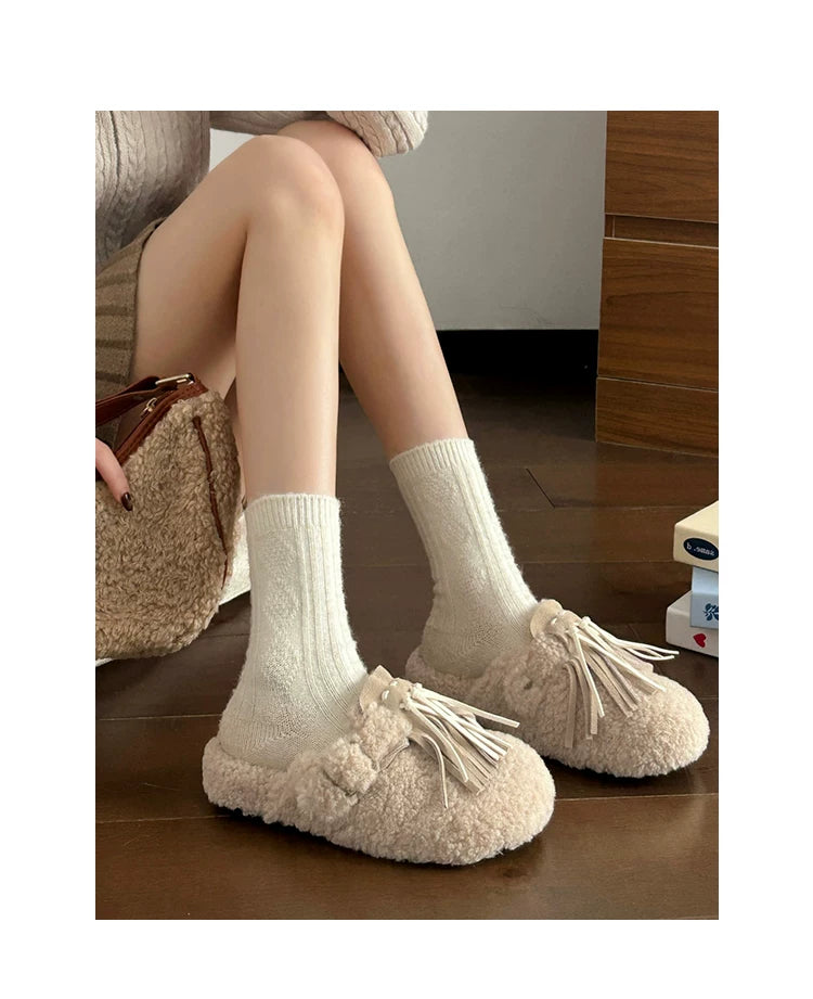 CHRNDXEE Leather Fringed One-pedal Flat-soled Fluffy Shoes