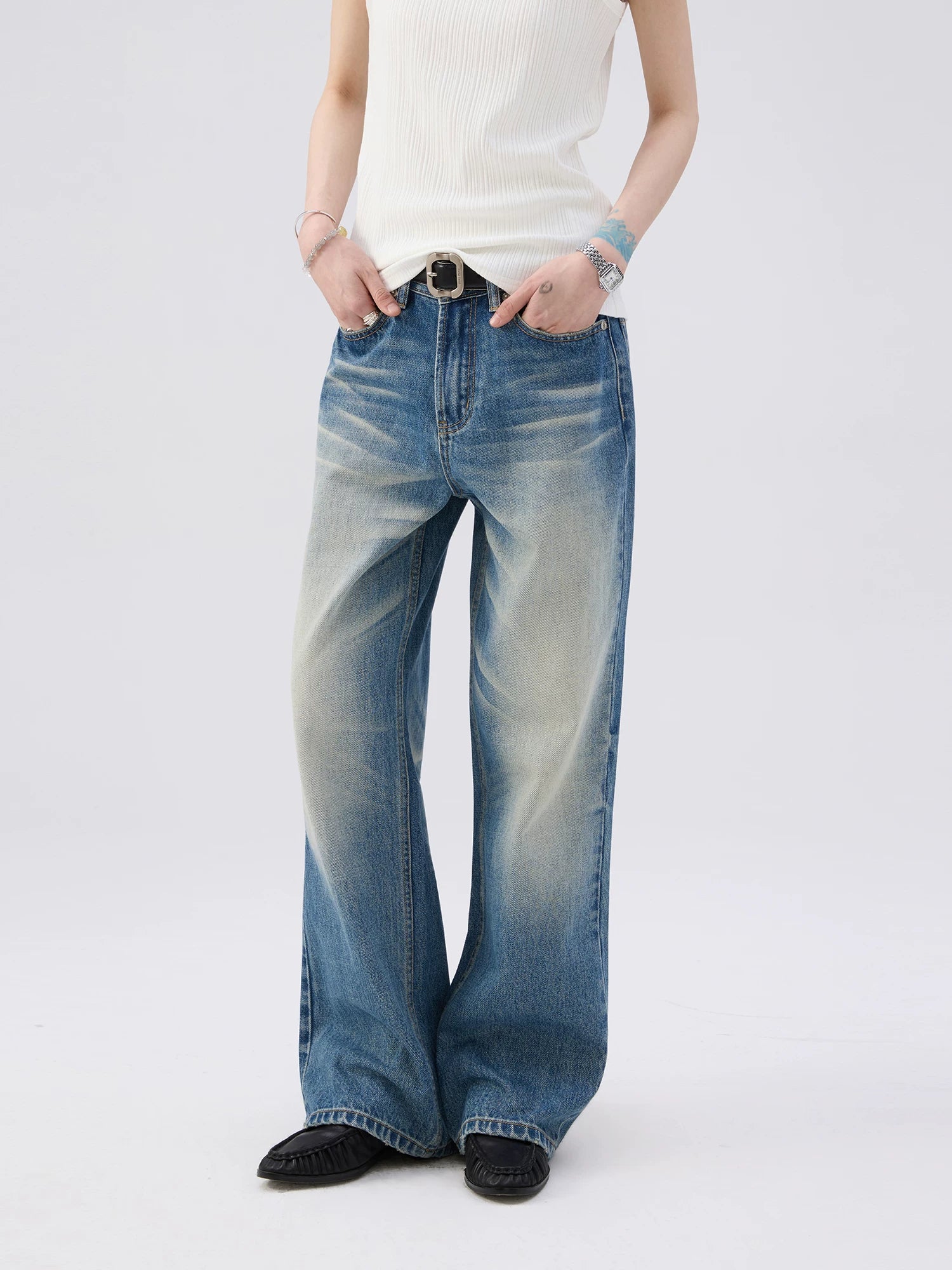 Sameuoo Hand-pleated Straight Jeans