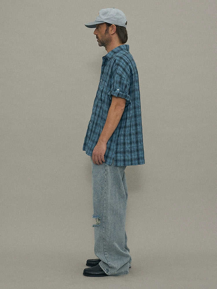 PARTIMENTO Loose Casual Pleated Plaid Shirt