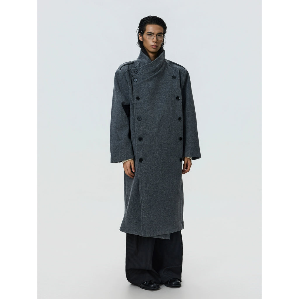 BTSG Double-breasted Stand-up Collar Long Woolen Coat