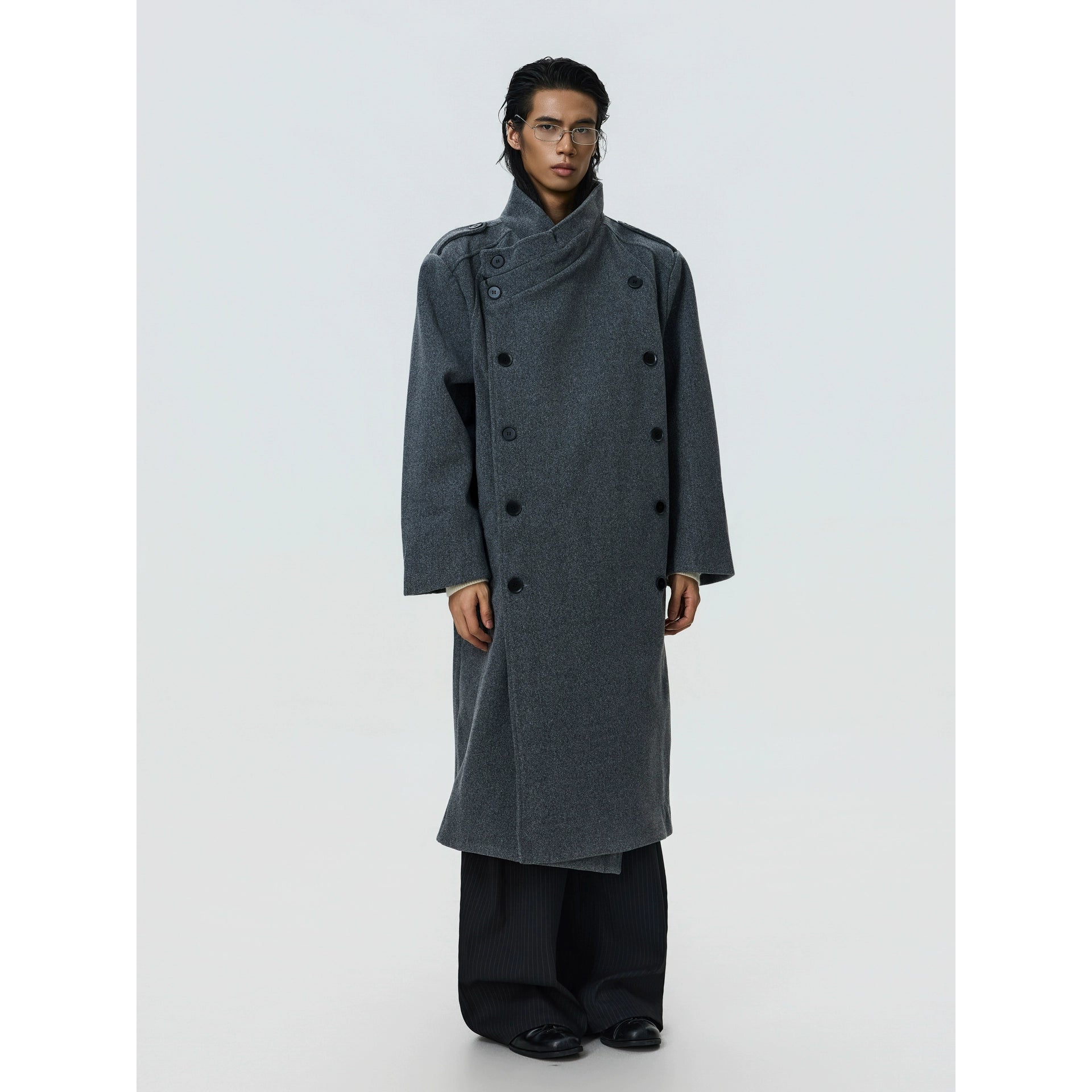 BTSG Double-breasted Stand-up Collar Long Woolen Coat