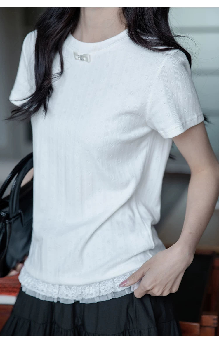 XUJING Front Shoulder Lace Edge Hem Waist Thin Tee