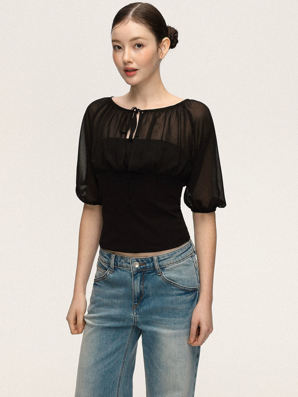 Anna Aneae Mesh Stitching Lace-up Waist and Thin Tee