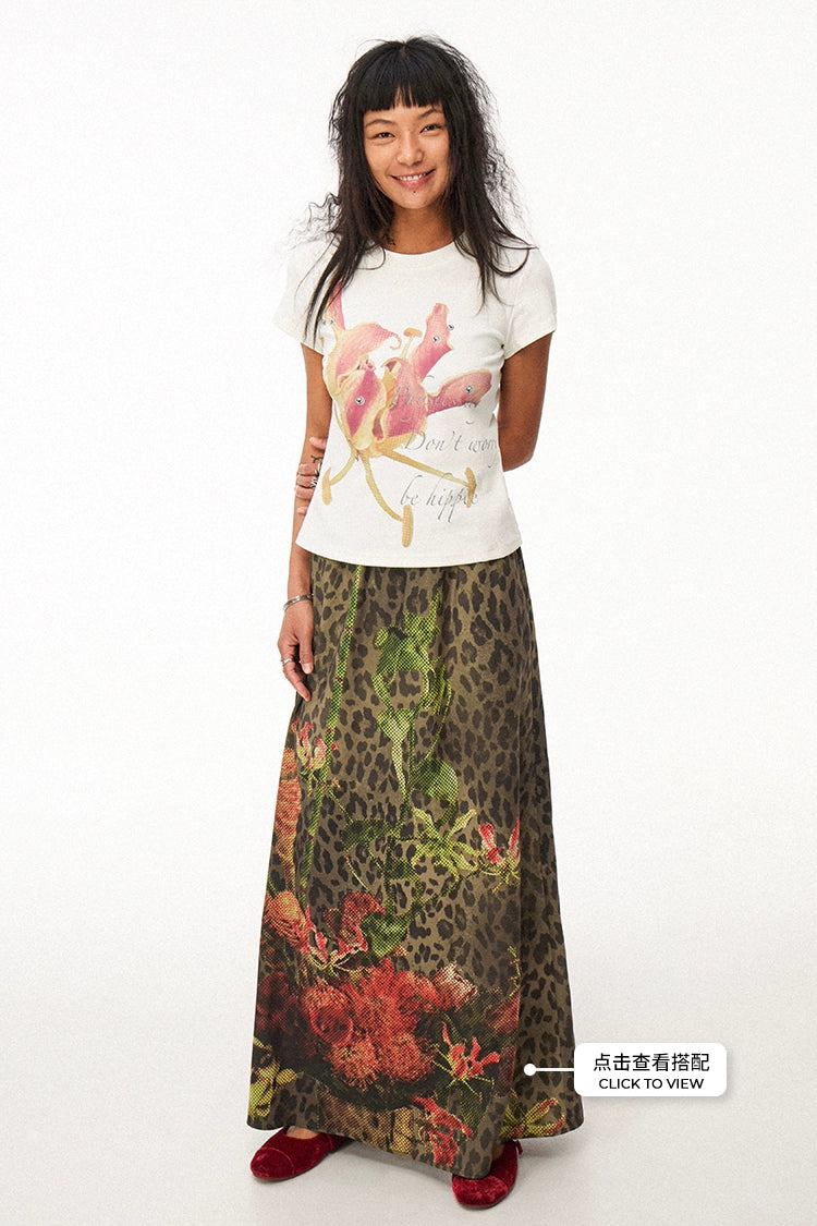 PHYS Floral Print Micro-closure Front Shoulder Short-sleeved T-shirt Tee