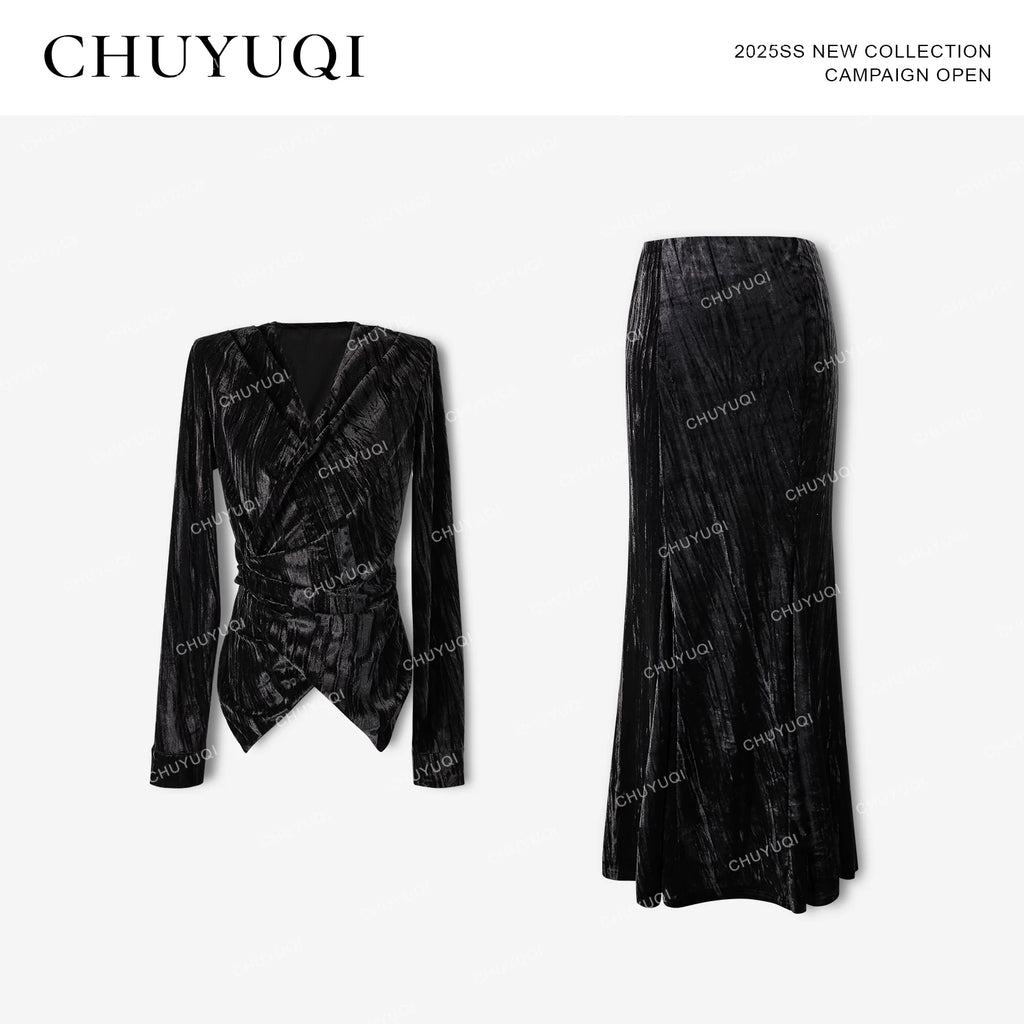 CHUYUQI Pleated Irregular Strappy Mermaid Skirt Set