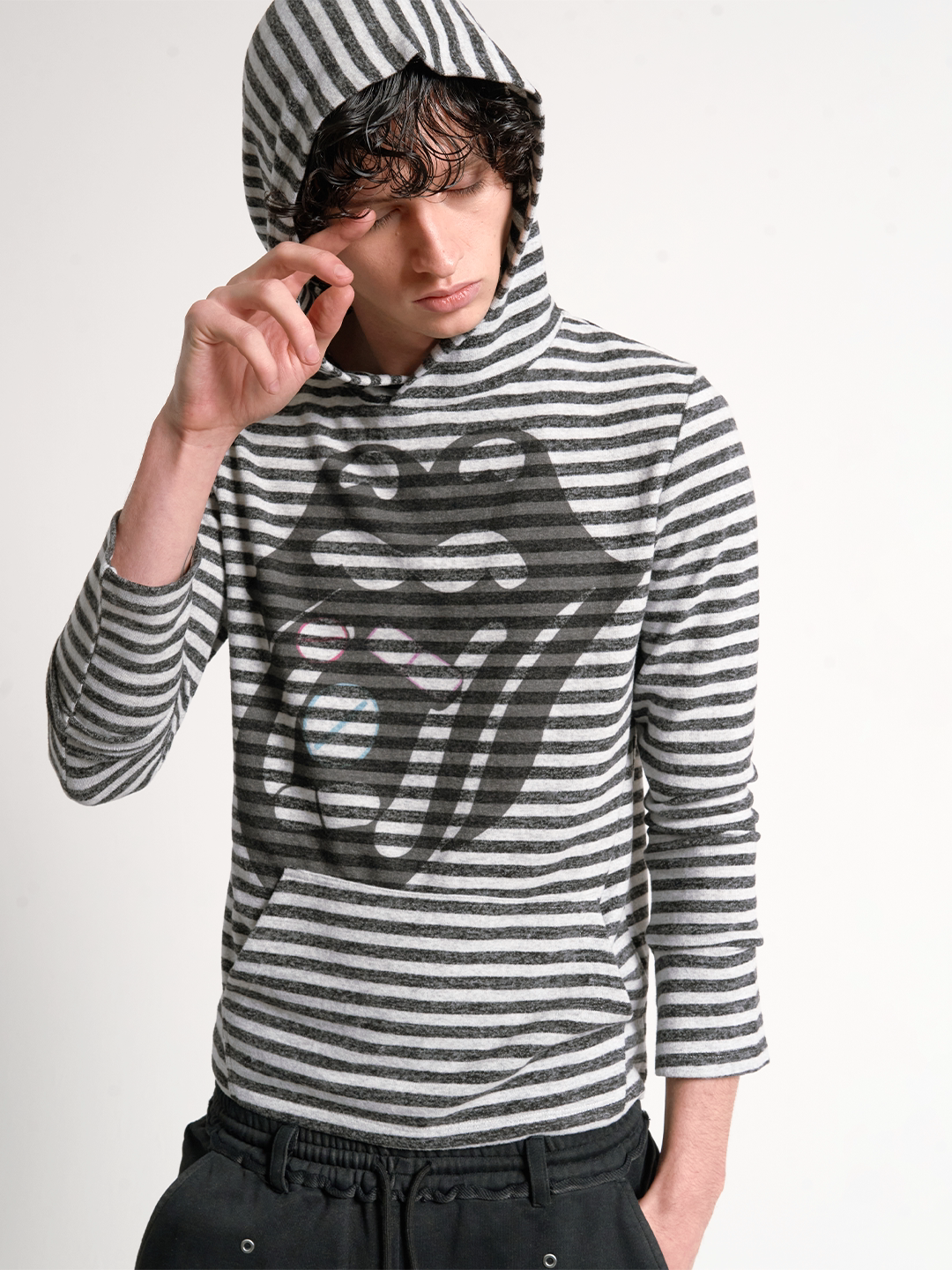 noEmosen DIZZY CANDY Spoof Striped Long Sleeve Hooded Shirt