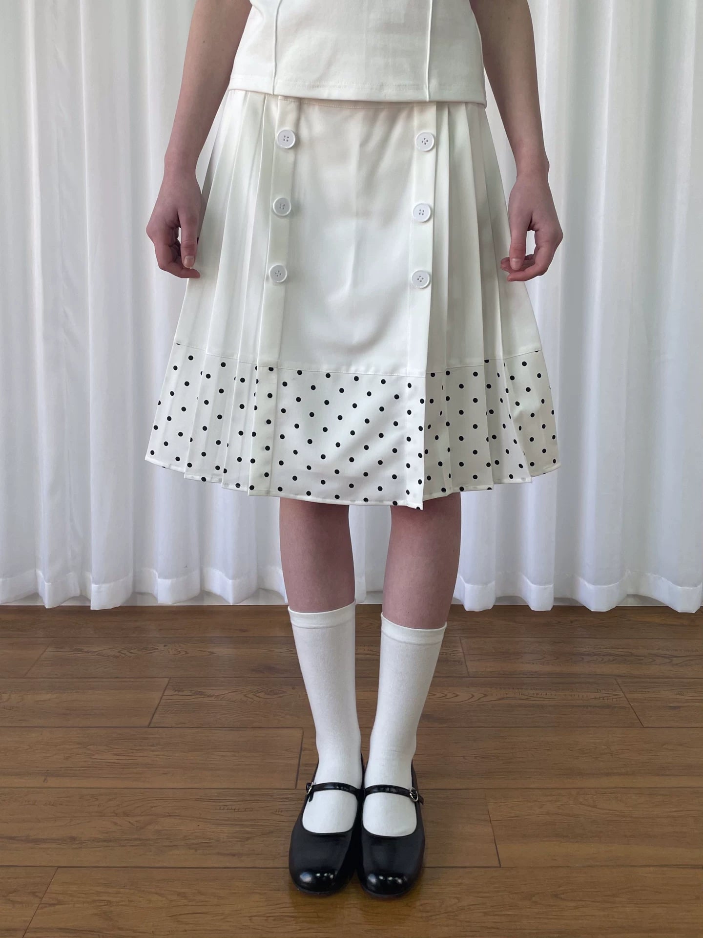 Loosesmell Double Breasted Splicing Polka Dot Crease Skirt