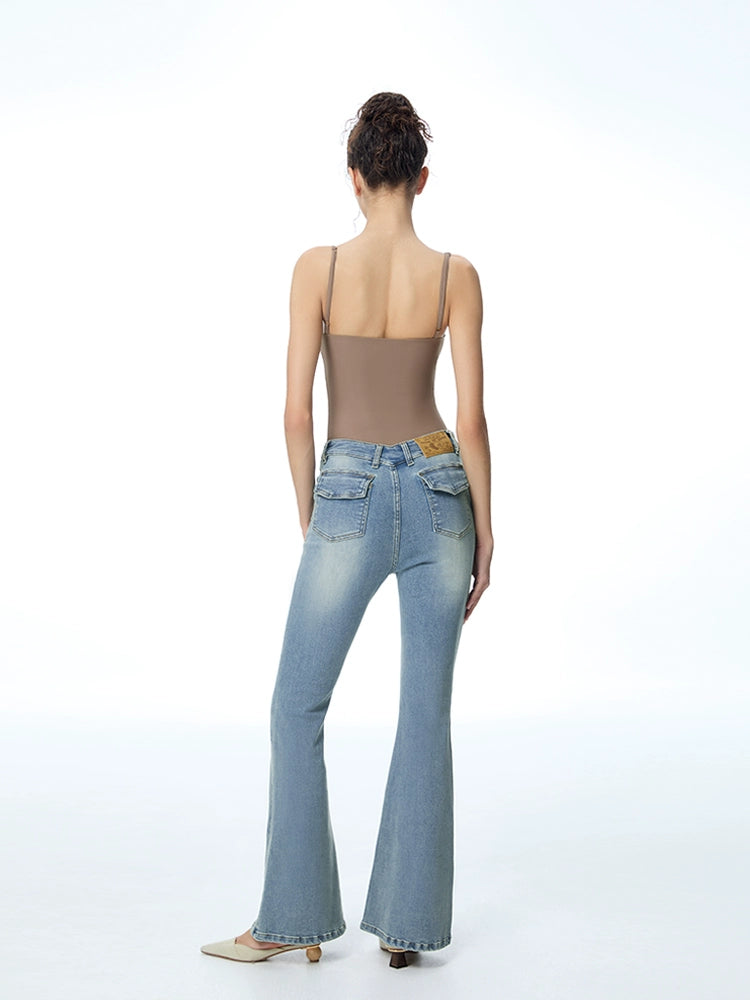 ABMY V Waist Slightly Stretched and Thin Denim Flared Pants