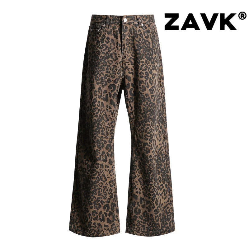 ZAVK Leopard Wide Leg Straight Jeans