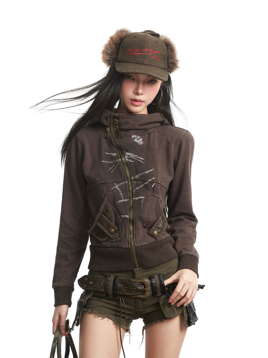 UNCMHISEX Vintage Niche Hooded Zip Jacket
