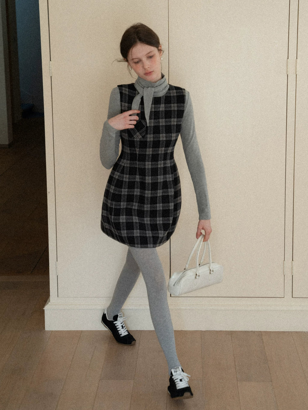 EGGKA Woolen Waist Thin Plaid Vest Dress