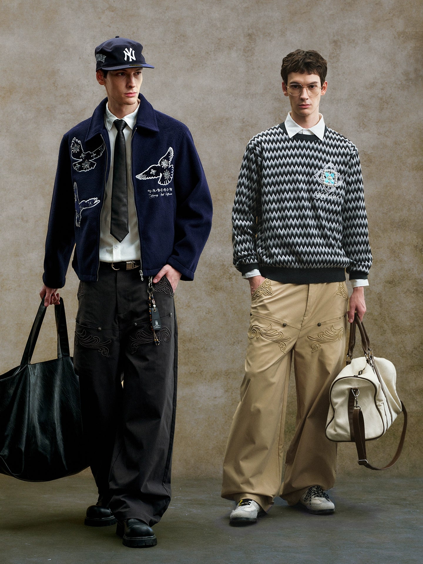 YADcrew Three-dimensional Line Embroidery Straight Tube Wide Overalls