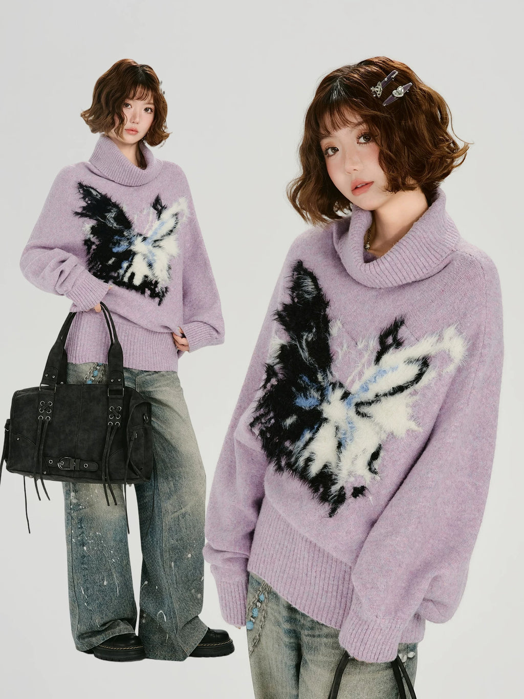 Girlyhalo Vintage Jacquard Turtleneck Knitted Sweater