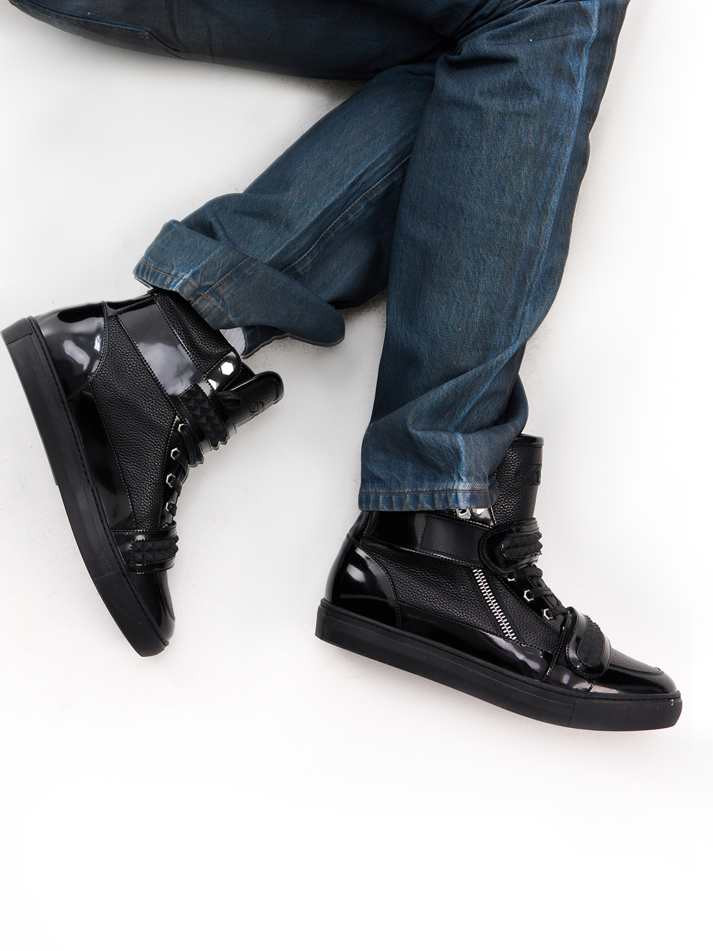 NoEmosen Velcro Patent Leather and Lychee Pattern High-top Board Shoes