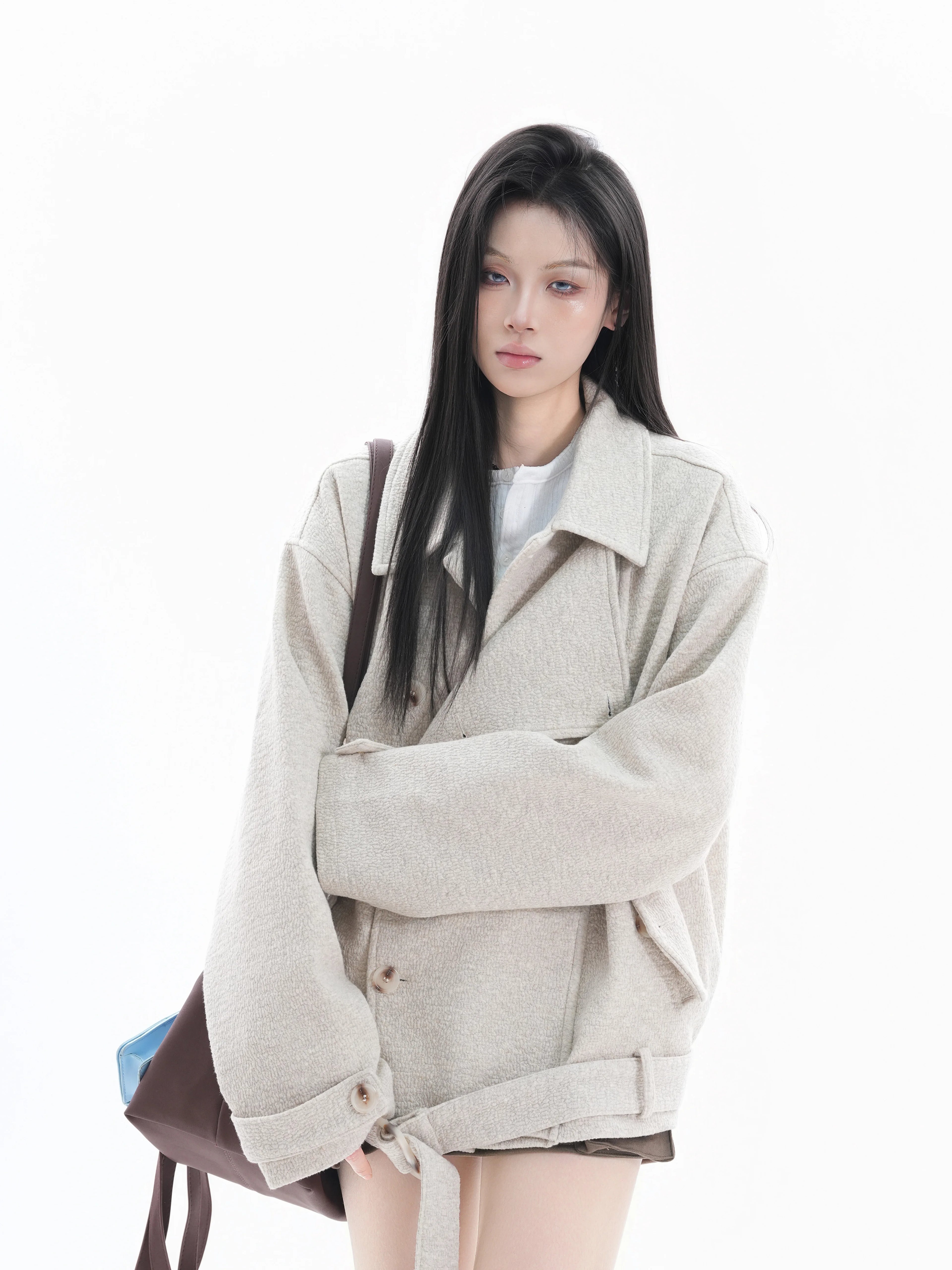 Zuocisankon Mitre-breasted Waist Strap Woolen Jacket