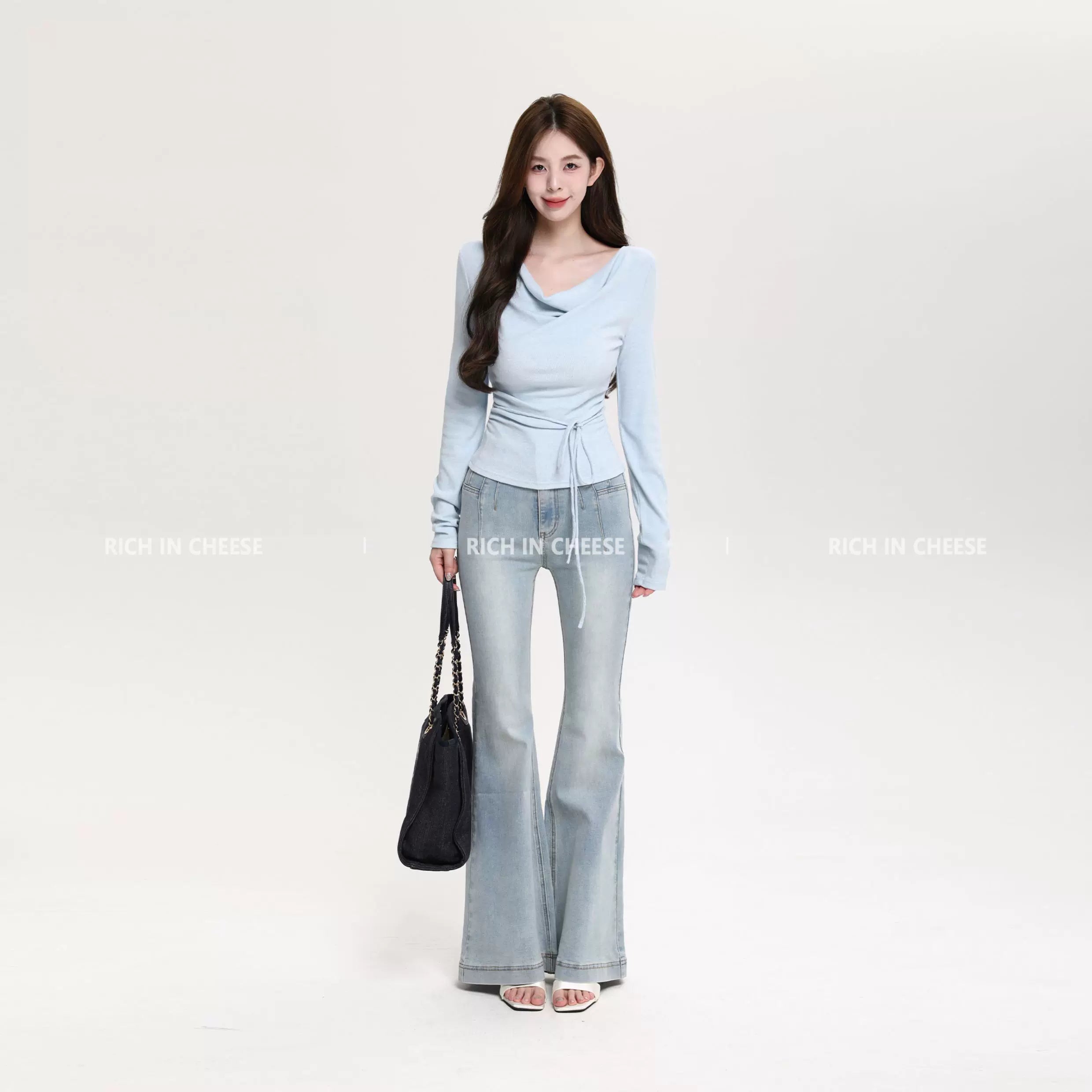 RICH IN CHEESE Waist Fold Temperament Swing Neck Long Sleeve