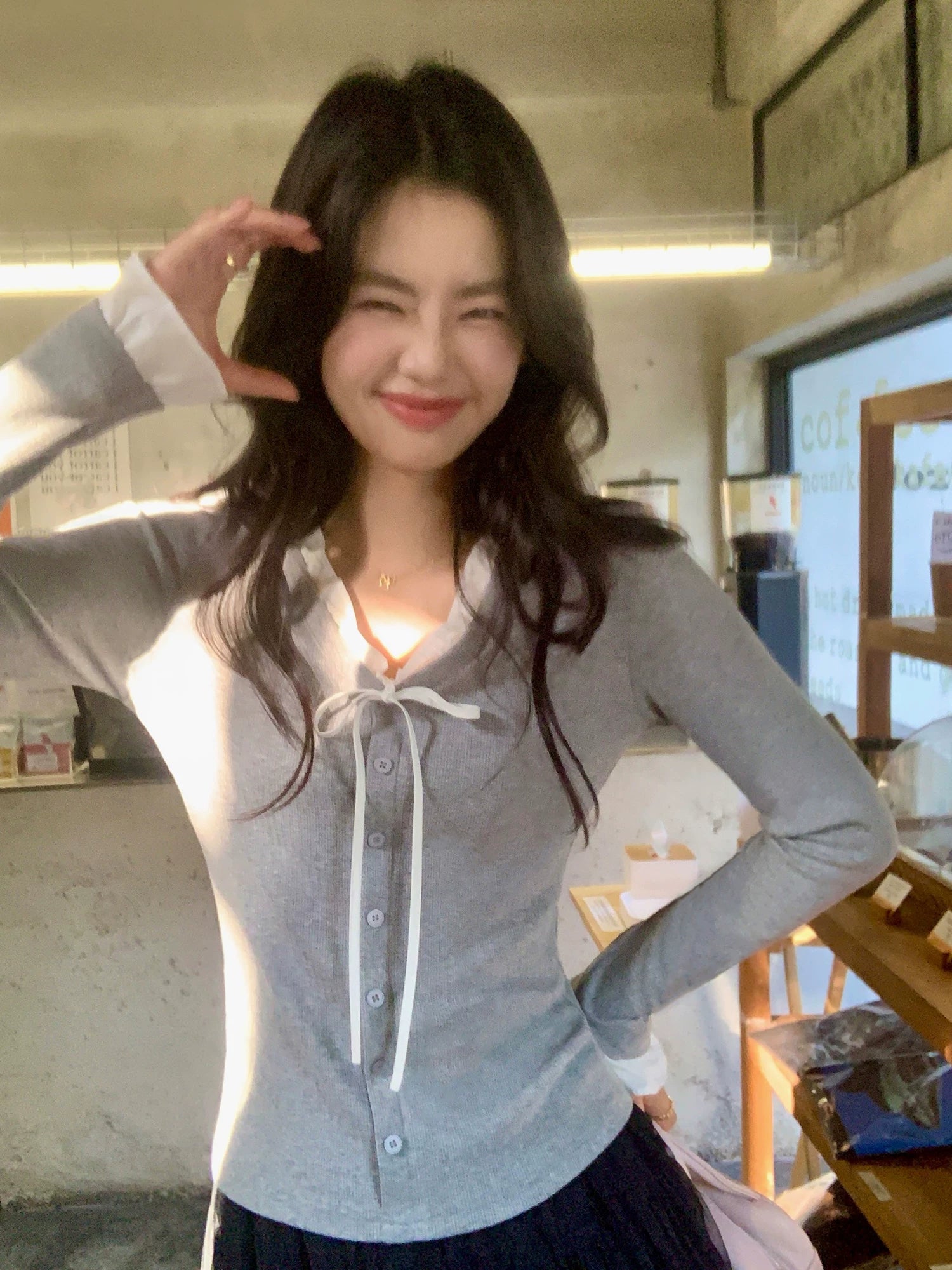 Pusumede Fake Two-piece Lace V-neck Knitted Slim-fit Long Sleeves