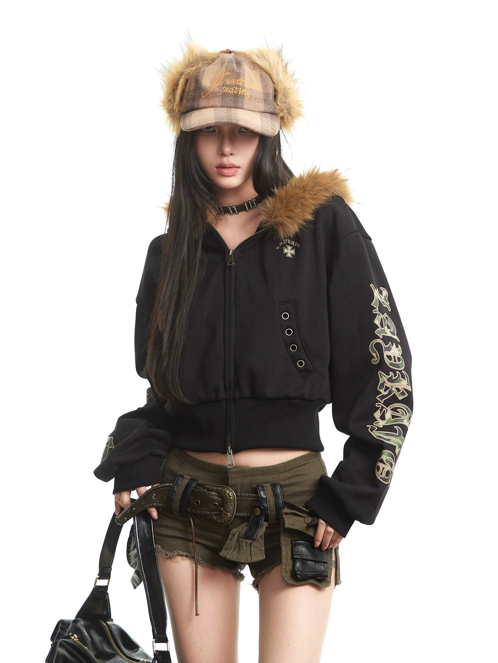 UNCMHISEX Fur-neck Letter-embroidered Short Cardigan Jacket