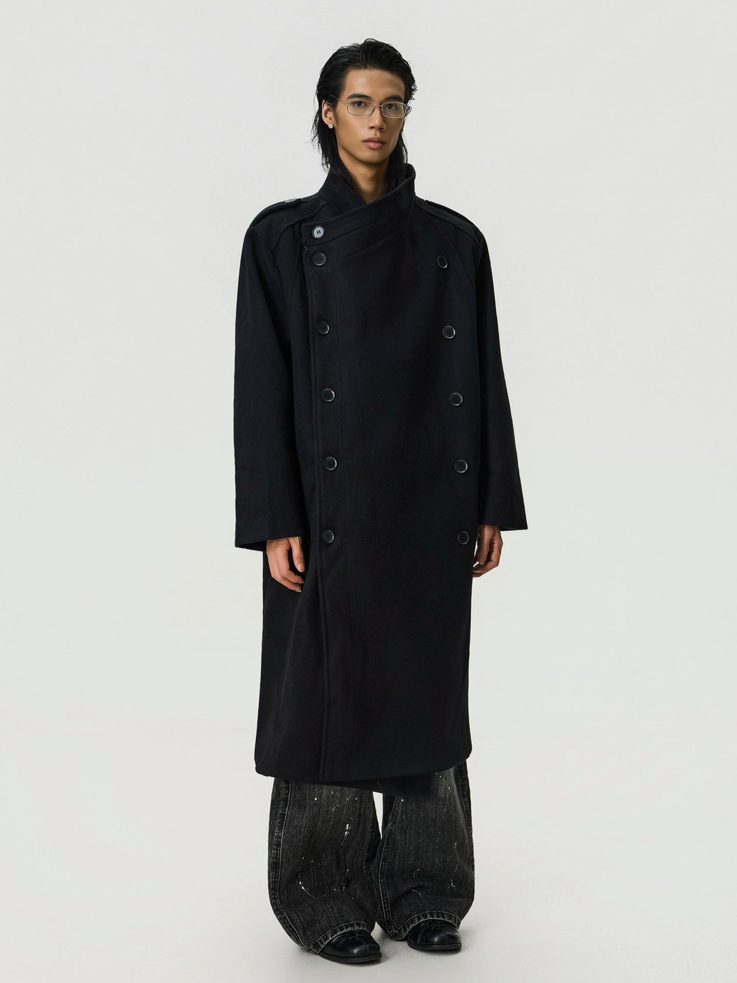 BTSG Double-breasted Stand-up Collar Long Woolen Coat