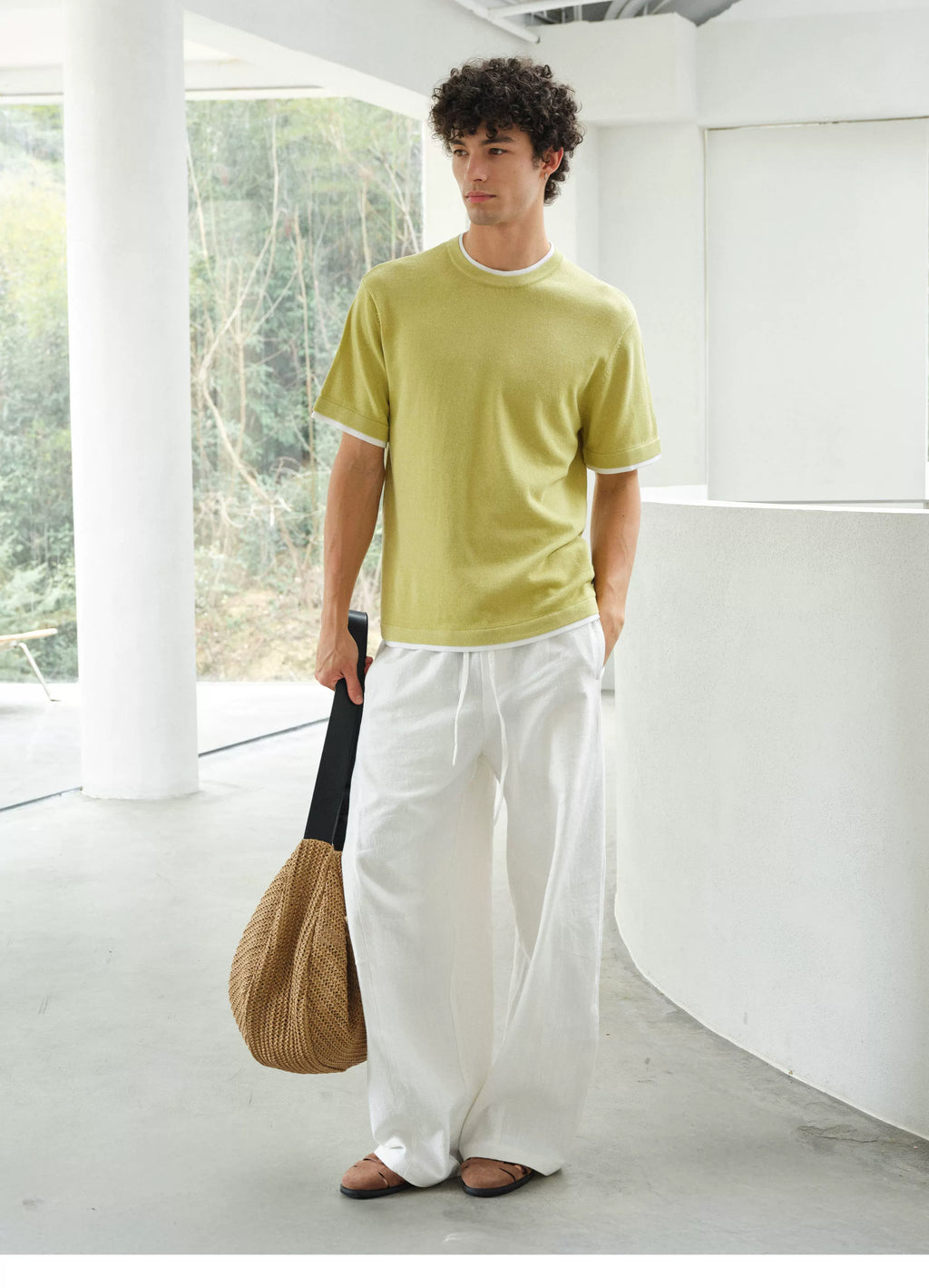 VLABMADE Linen-Blend Relaxed Fit Contrast Hem Short Sleeve Tee