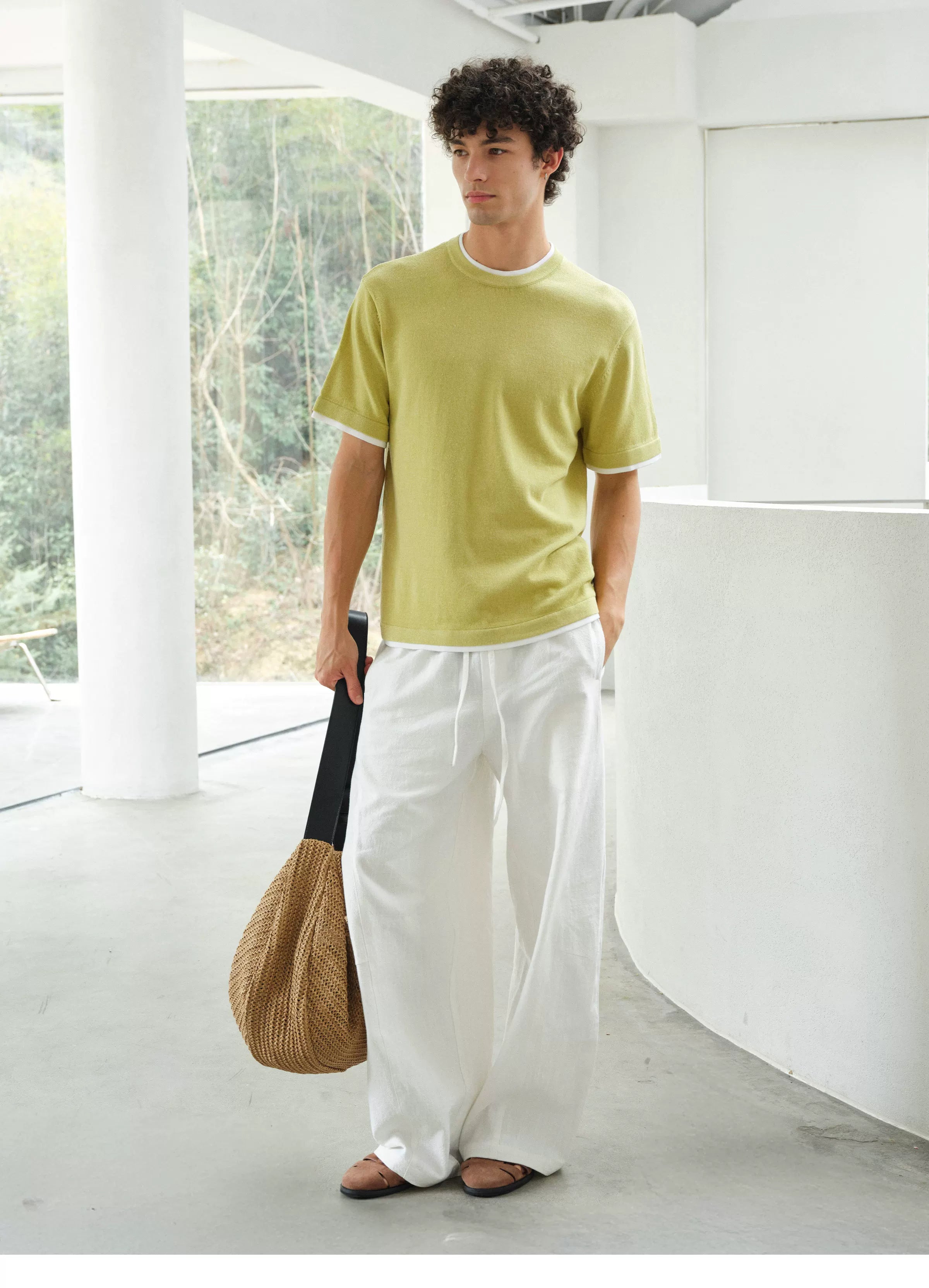 VLABMADE Linen-Blend Relaxed Fit Contrast Hem Short Sleeve Tee
